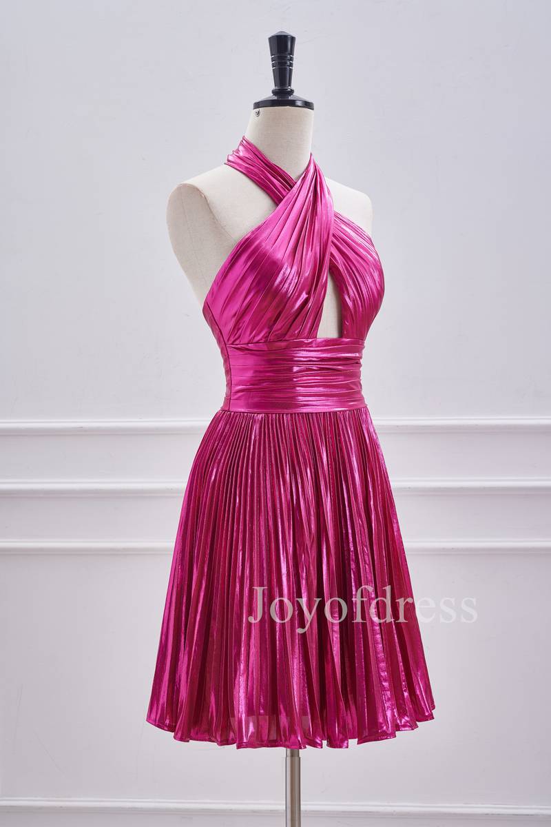 A - Line Halter Fuchsia Keyhole Pleated Short Dress - Joyofdress