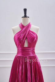 A - Line Halter Fuchsia Keyhole Pleated Short Dress - Joyofdress