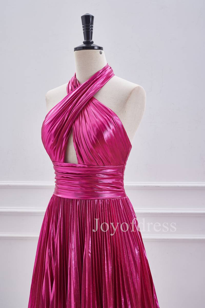 A - Line Halter Fuchsia Keyhole Pleated Short Dress - Joyofdress