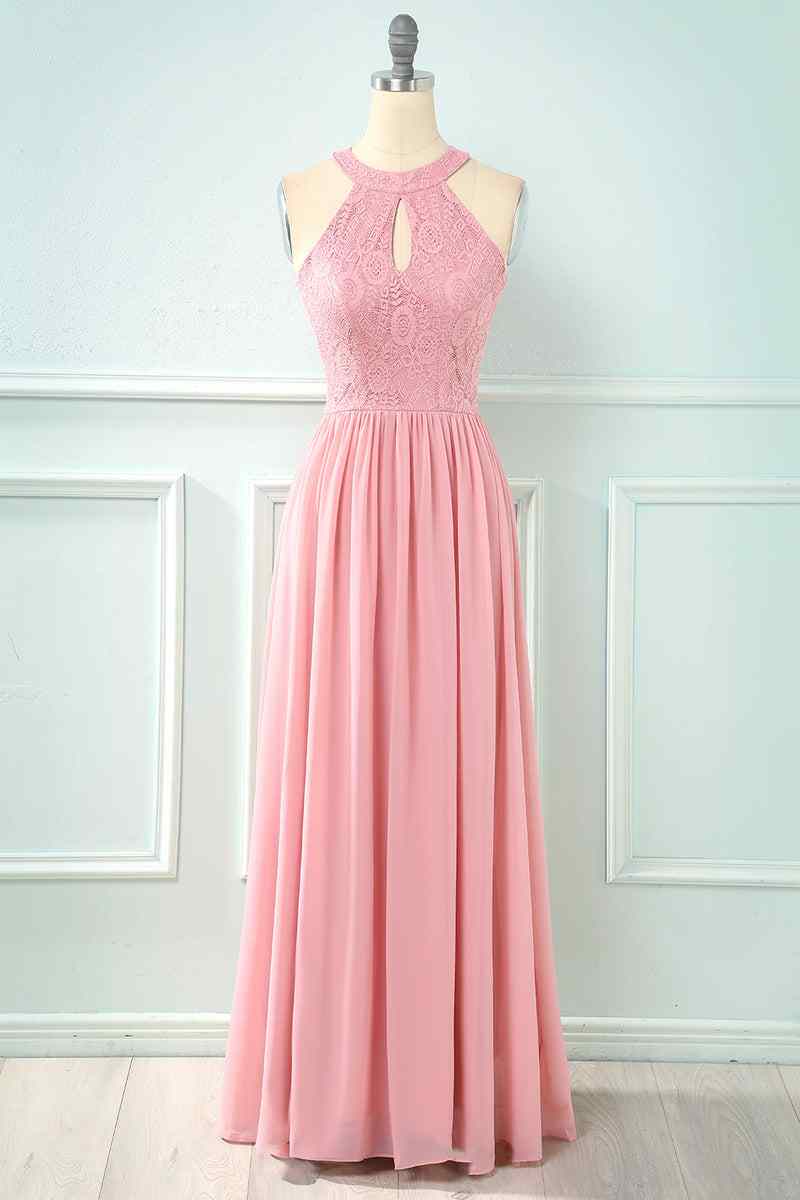 A - line Halter Lace Cut - Out Chiffon Long Bridesmaid Dress - Joyofdress