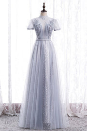 A - line Illusion High Neck Beaded - Embroidery Maxi Formal Dress with Bow - Joyofdress