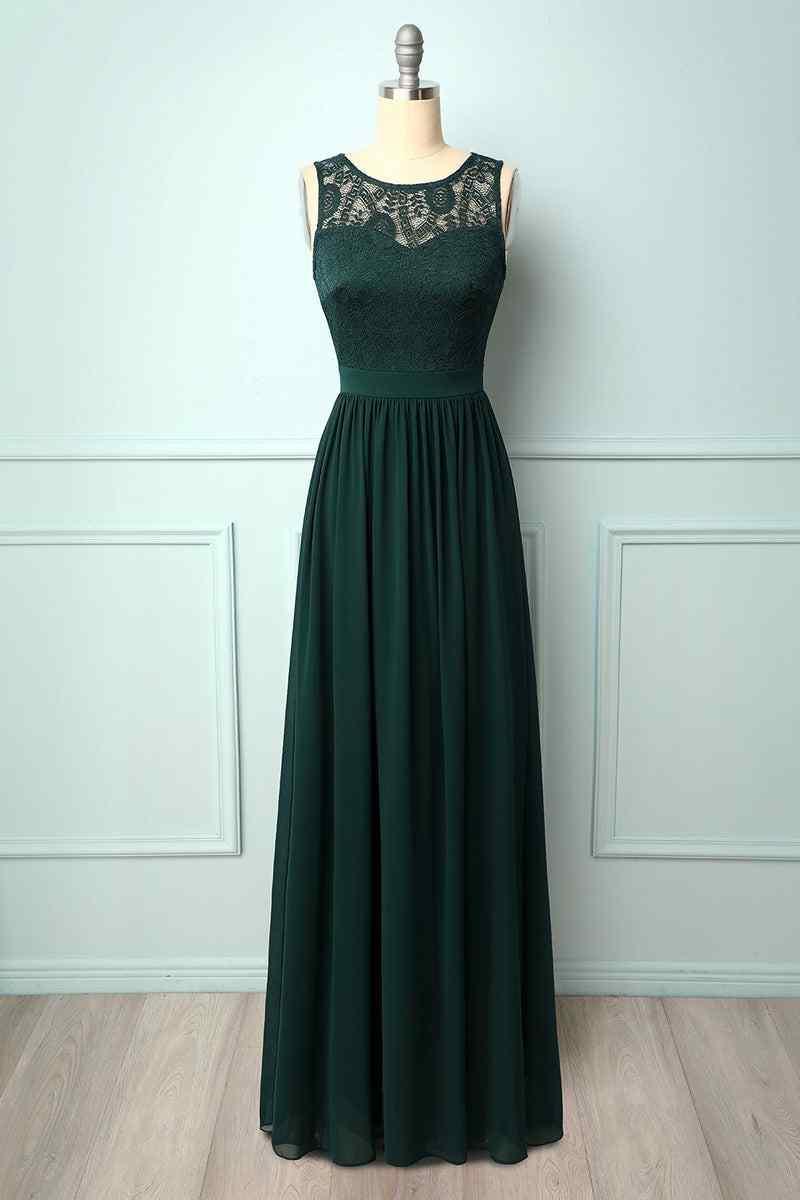 A-line Illusion Lace Neck Chiffon Long Bridesmaid Dress Hunter Green / US 2 A-line Illusion Lace Neck Chiffon Long Bridesmaid Dress Hunter Green / US 2
