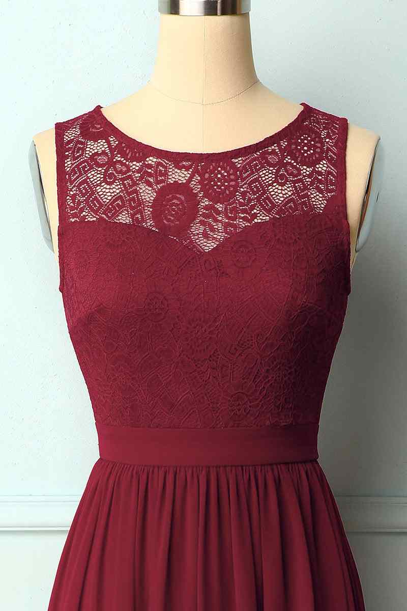 A - line Illusion Lace Neck Chiffon Long Bridesmaid Dress - Joyofdress