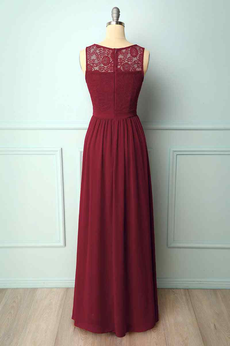 A - line Illusion Lace Neck Chiffon Long Bridesmaid Dress - Joyofdress