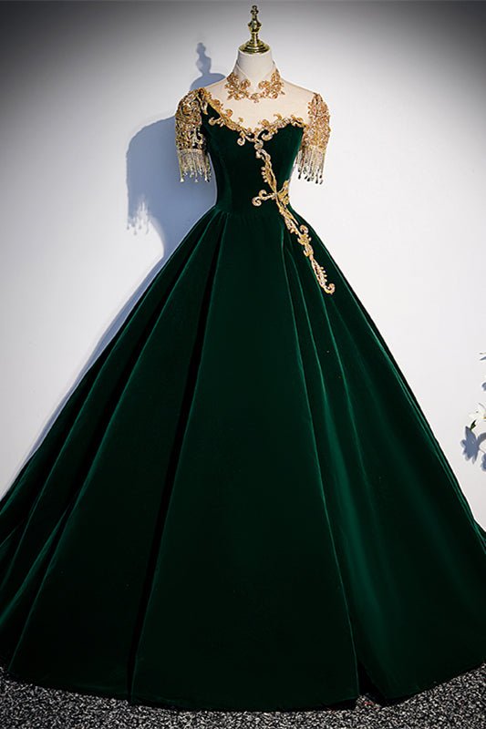 Velvet High Neck Short Sleeves A-Line Appliques Formal Prom Gown