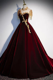 A - line Illusion Neck Lace - Up Velvet Long Formal Dress with Gold Adornment - Joyofdress