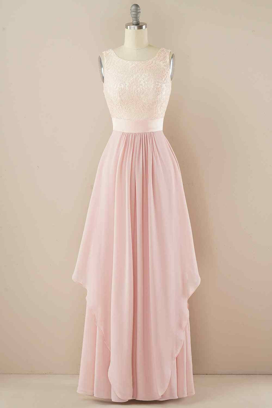 A - line Jewel Lace V Back Chiffon Hi - Low Bridesmaid Dress - Joyofdress