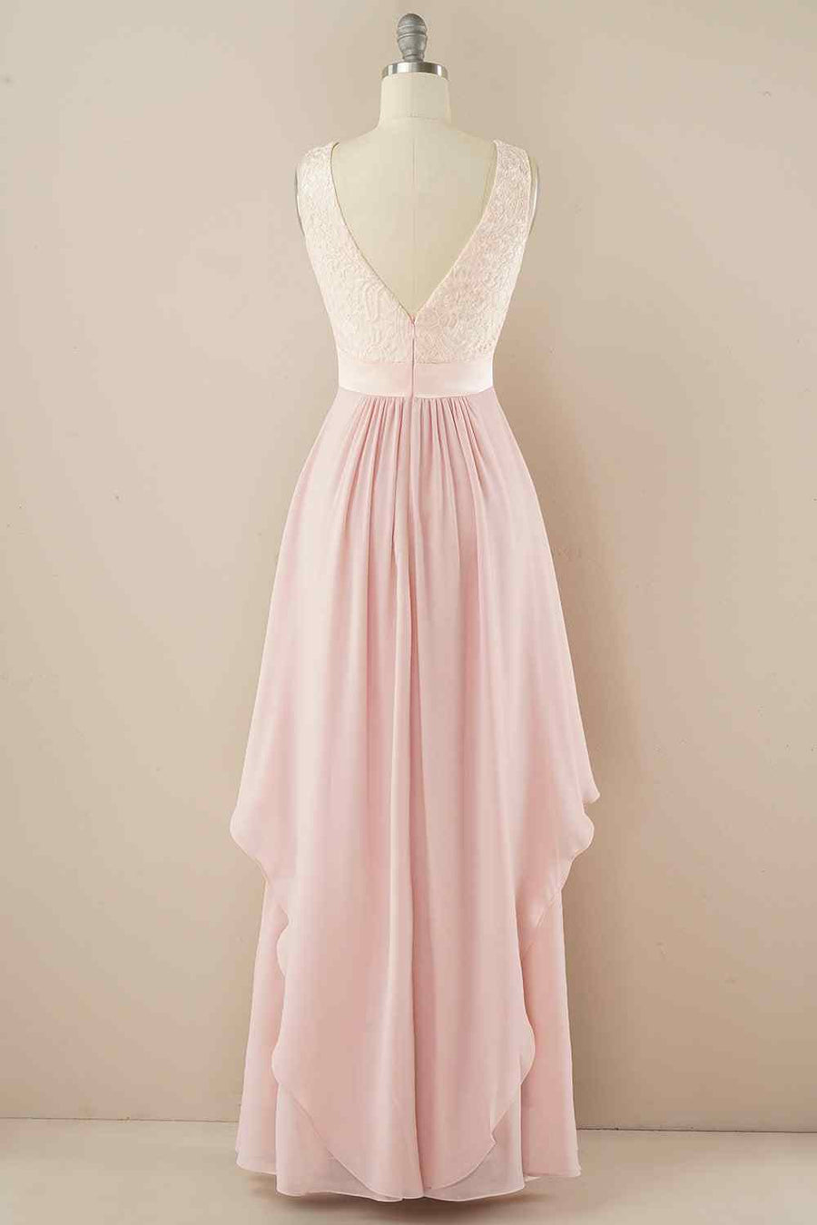 A - line Jewel Lace V Back Chiffon Hi - Low Bridesmaid Dress - Joyofdress