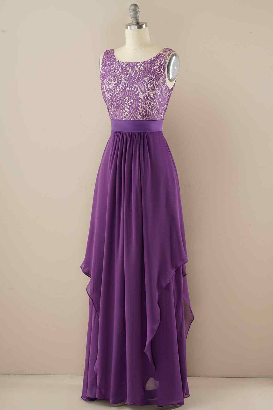 A - line Jewel Lace V Back Chiffon Hi - Low Bridesmaid Dress - Joyofdress