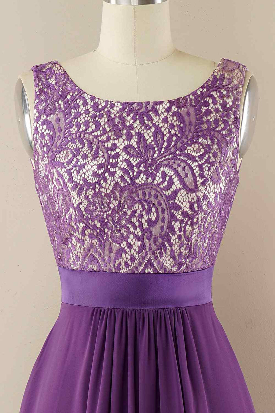 A - line Jewel Lace V Back Chiffon Hi - Low Bridesmaid Dress - Joyofdress