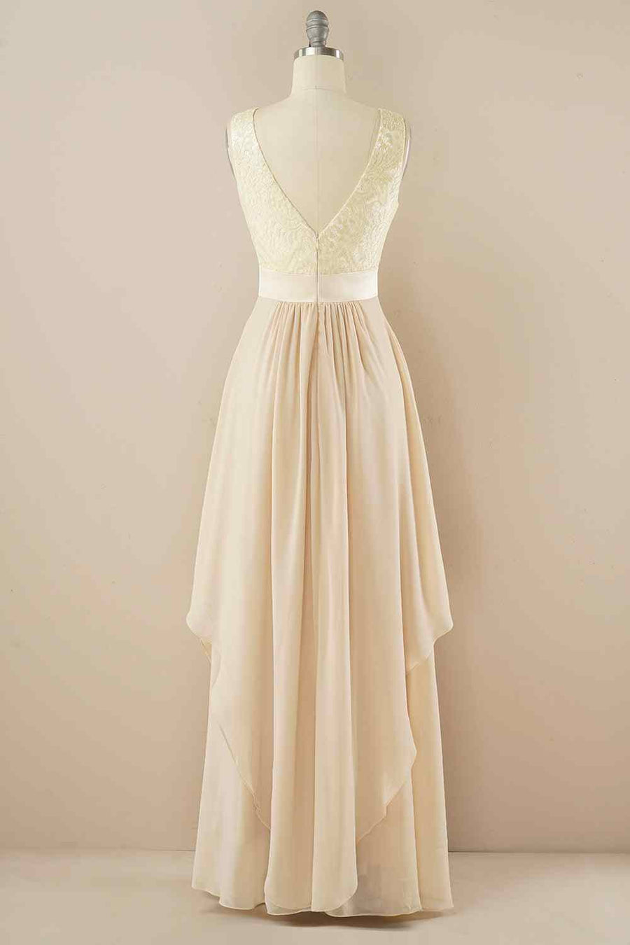 A - line Jewel Lace V Back Chiffon Hi - Low Bridesmaid Dress - Joyofdress