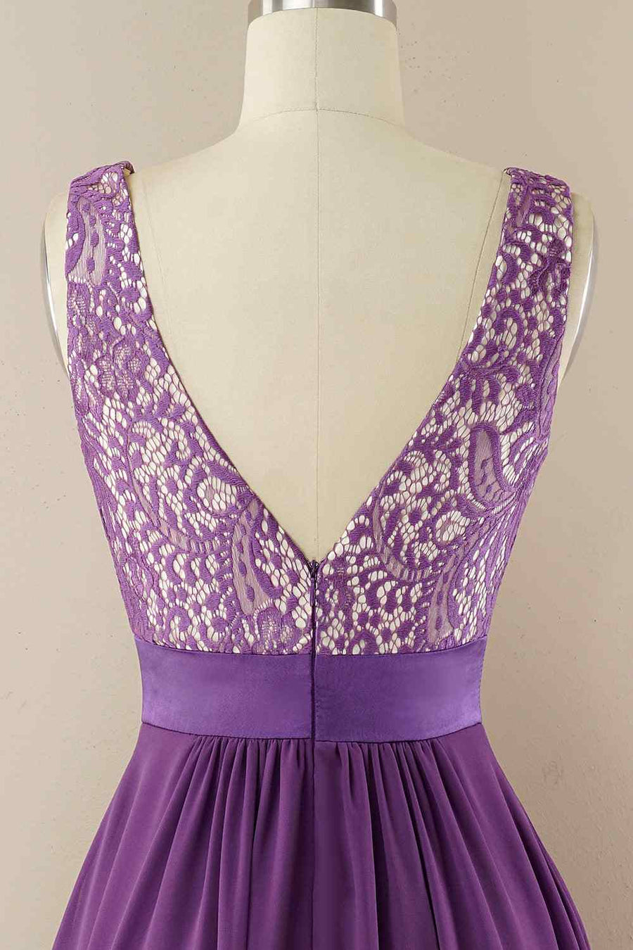A - line Jewel Lace V Back Chiffon Hi - Low Bridesmaid Dress - Joyofdress
