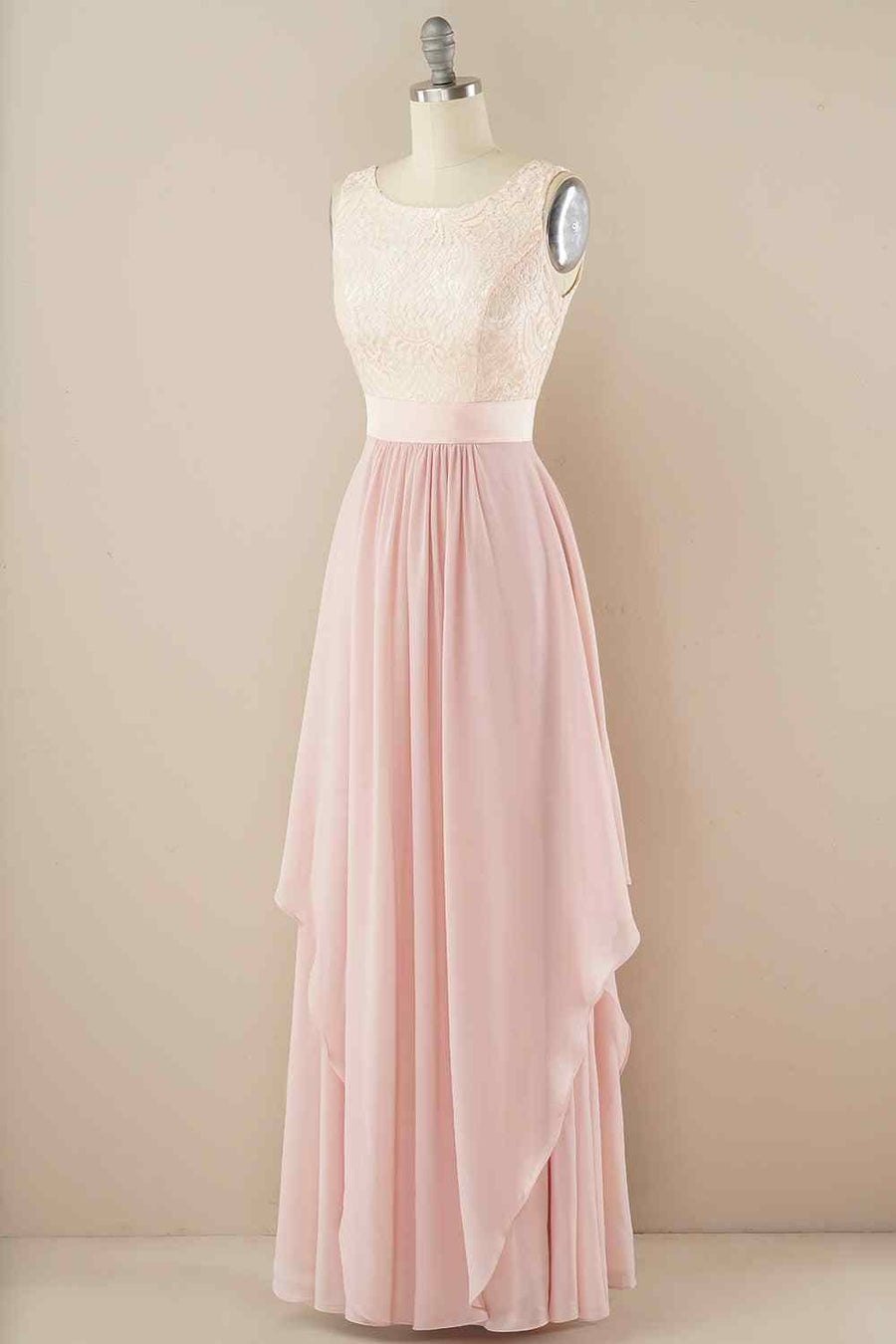 A - line Jewel Lace V Back Chiffon Hi - Low Bridesmaid Dress - Joyofdress