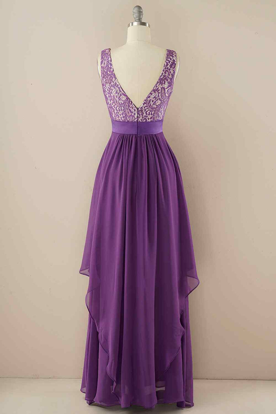 A - line Jewel Lace V Back Chiffon Hi - Low Bridesmaid Dress - Joyofdress