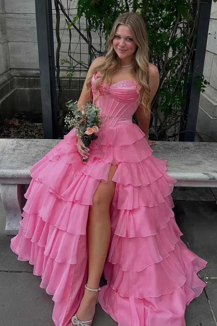 Sweetheart Strapless Two Tone Tiered Party Prom Dress With Slit