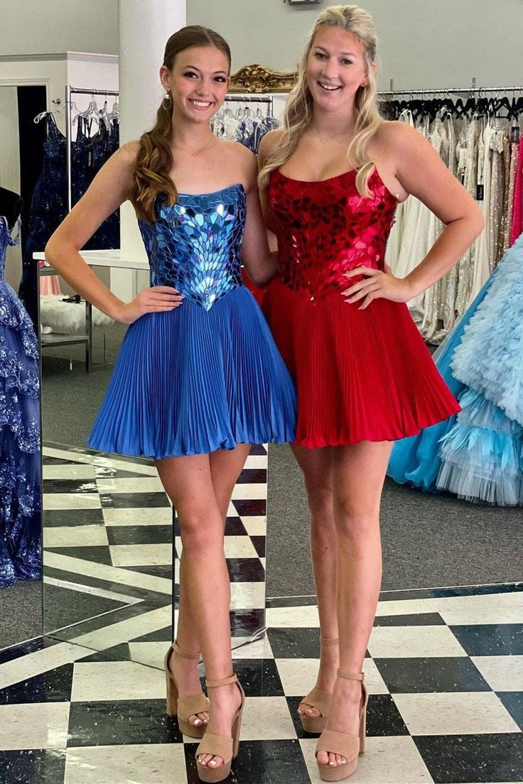 Red Cut Glass Mirror Strapless A-Line Gathered Party Dress Blue / 16 Red Cut Glass Mirror Strapless A-Line Gathered Party Dress Blue / 16