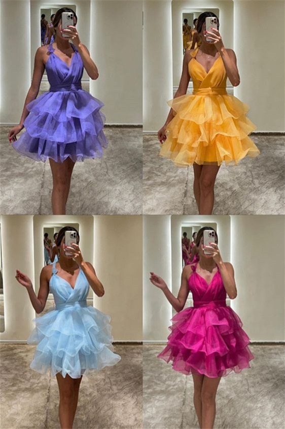 Purple Short Prom Dresses A Line Tiered V-Neck Homecoming Dress