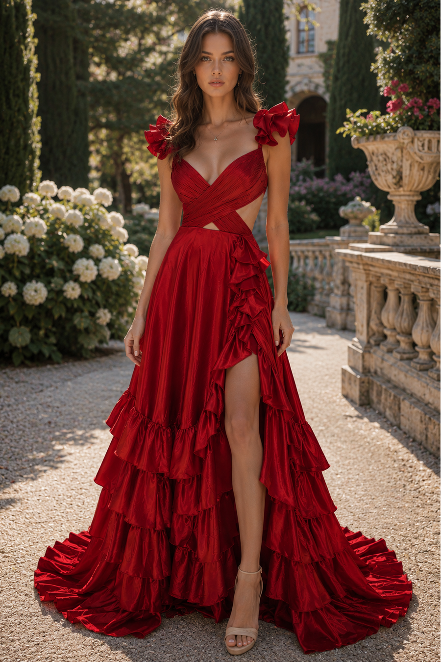 Crossed Top Ruffled Layers Long Prom Dress with Slit
