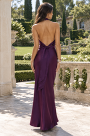 Purple Halter Backless Satin Fitted Long Party Prom Dress