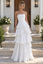 White Strapless Chiffon A-Line Empire Tiered Party Prom Dress