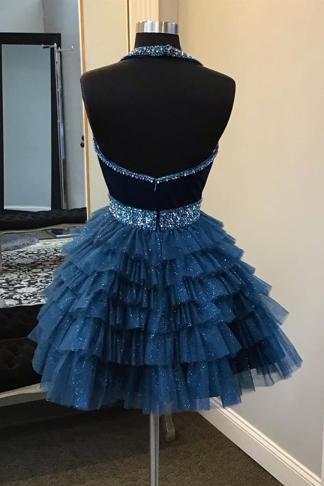 Halter Turquoise Beaded A-Line Short Ruffle Homecoming Dress Turquoise / US 6 Halter Turquoise Beaded A-Line Short Ruffle Homecoming Dress Turquoise / US 6