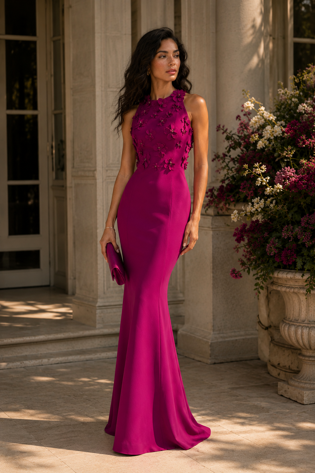 Fashion Round Sleeveless Mermaid Satin Floral Mother Of The Bride Dress