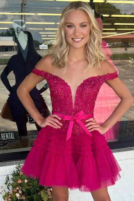 Off-the-Shoulder Bow Tiered Short Homecoming Dress with Ruffles