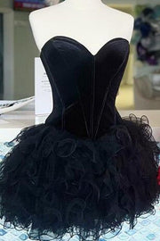 Black Strapless Velvet Corset Top and Ruffled Homecoming Dress