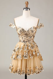 Women Sparkly Golden Homecoming Dress Corset Tiered Cocktail Dress