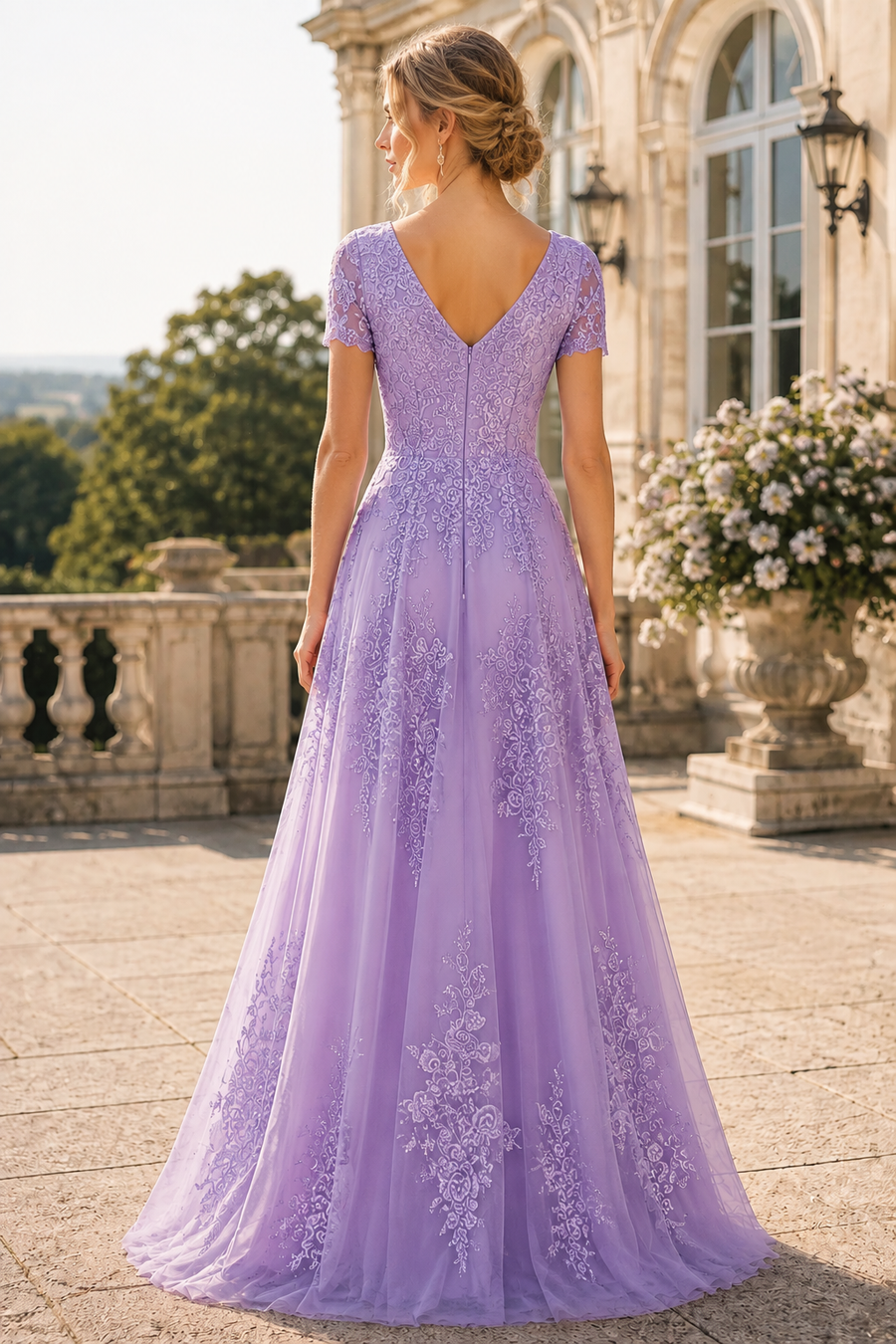 A-Line Round Short Sleeves Tulle And Appliques Mother Of The Bride Dress