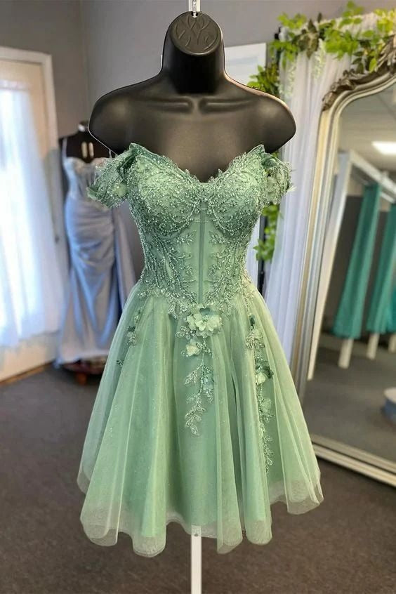 Off Shoulder Sage Green Lace Prom Dresses, Short Sage Lace Homecoming Dresses