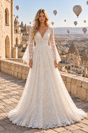 Modest Bell Sleeves V-Neck Empire Lace A-Line Wedding Dress