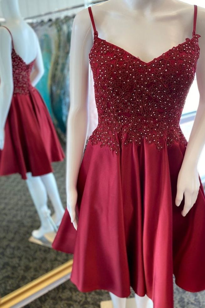 V Neck Beaded Burgundy Lace Wine Red Lace Homecoming Dresses