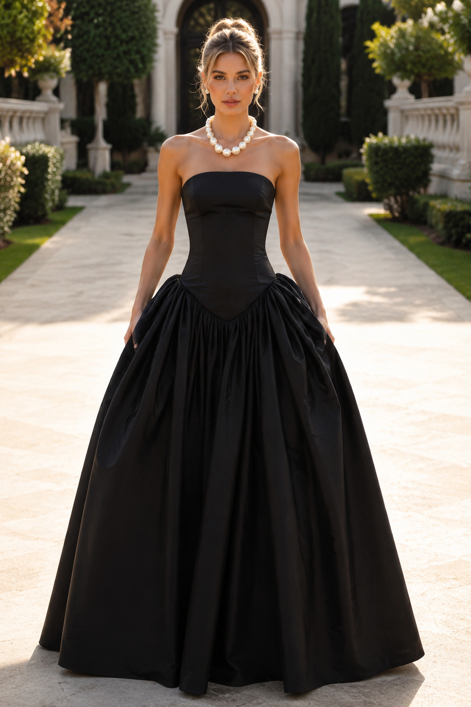 Chic Satin A-Line Strapless Long Party Prom Dress