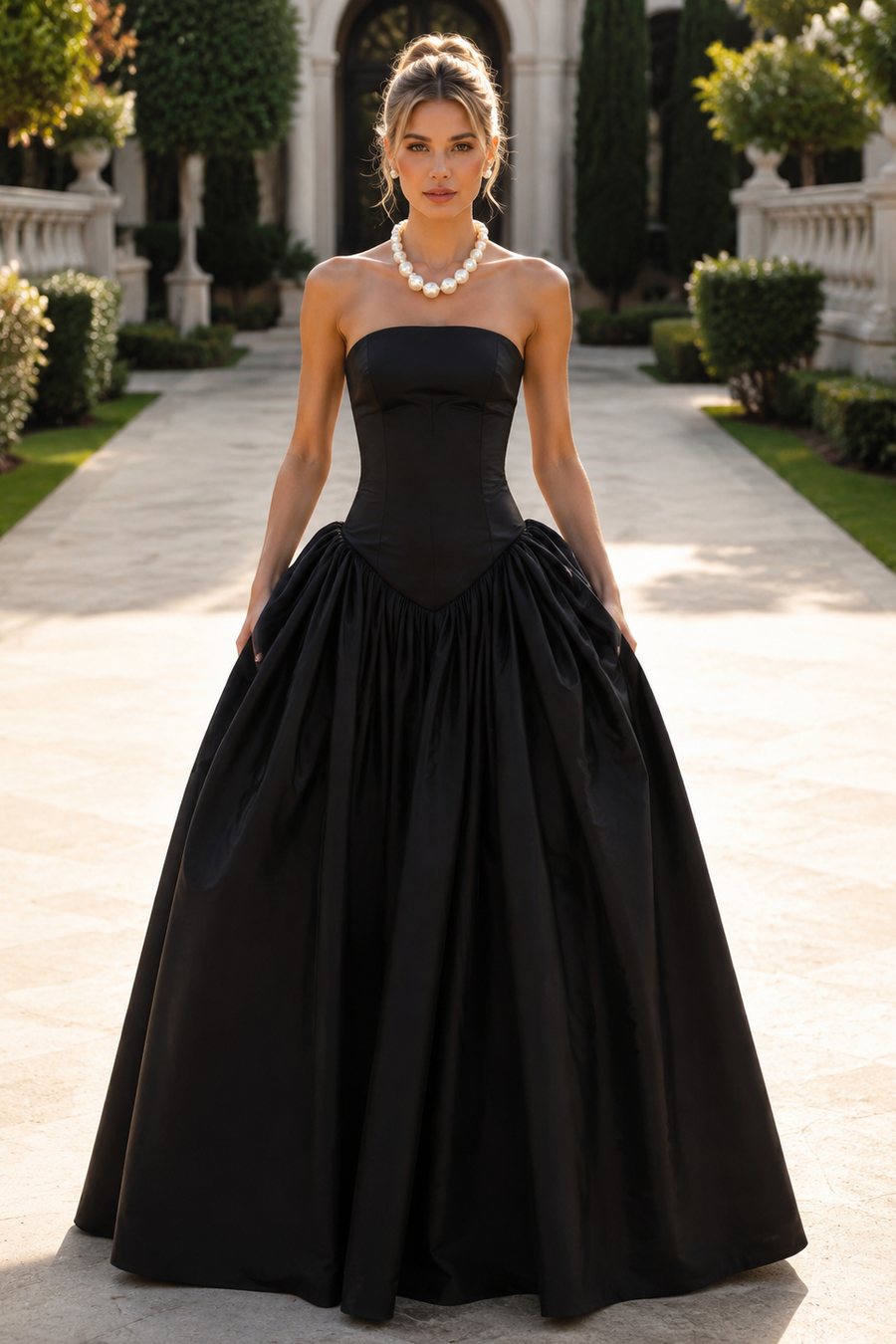 Chic Satin A-Line Strapless Long Party Prom Dress
