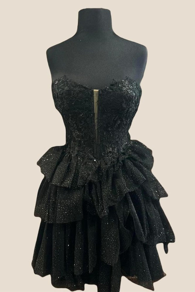 Strapless Black Appliques Tiered Short Homecoming Dress