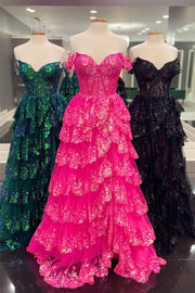 Hot Pink Off-Shoulder Sequined Layers A-line Long Prom Dress with Slit