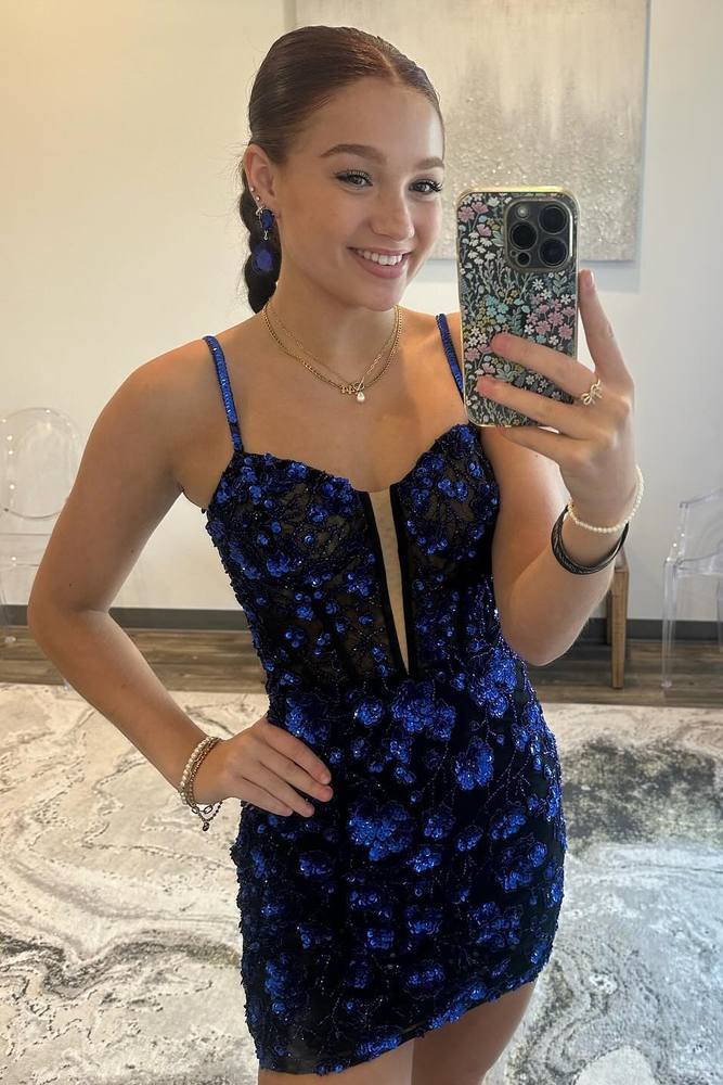 Cute Bodycon Straps Royal Blue Sequins Short Homecoming Dresses