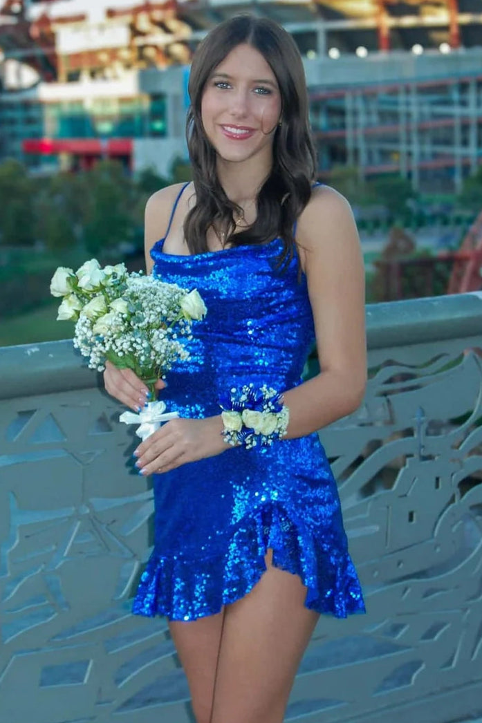 Sparkly V-Neck Spaghetti Straps Empire Homecoming Dress