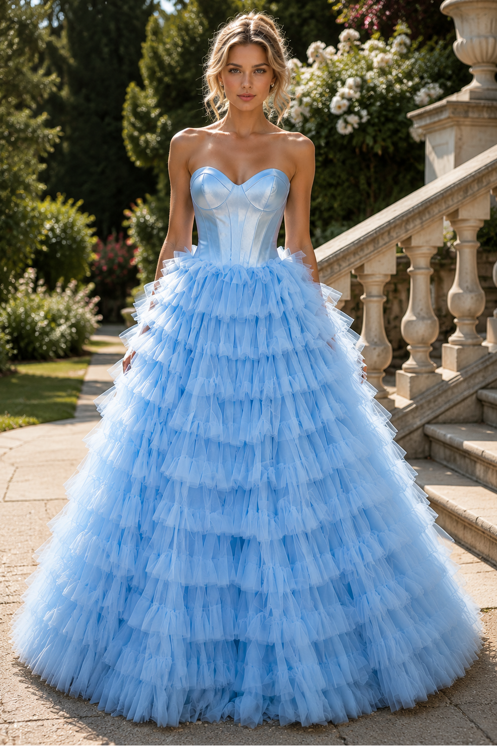 Sweetheart Strapless Two Tone Tiered Long Prom Dress