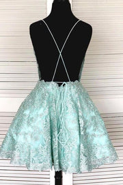 Short A-line Sleeveless Lace Open Back Formal Graduation Homecoming Dresses