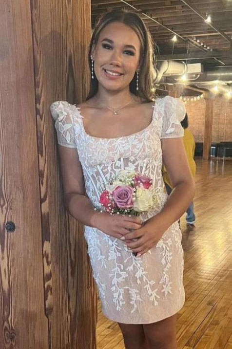 Short Sleeves Ivory Lace Tight Short Homecoming Dress Beige / Custom Size Short Sleeves Ivory Lace Tight Short Homecoming Dress Beige / Custom Size