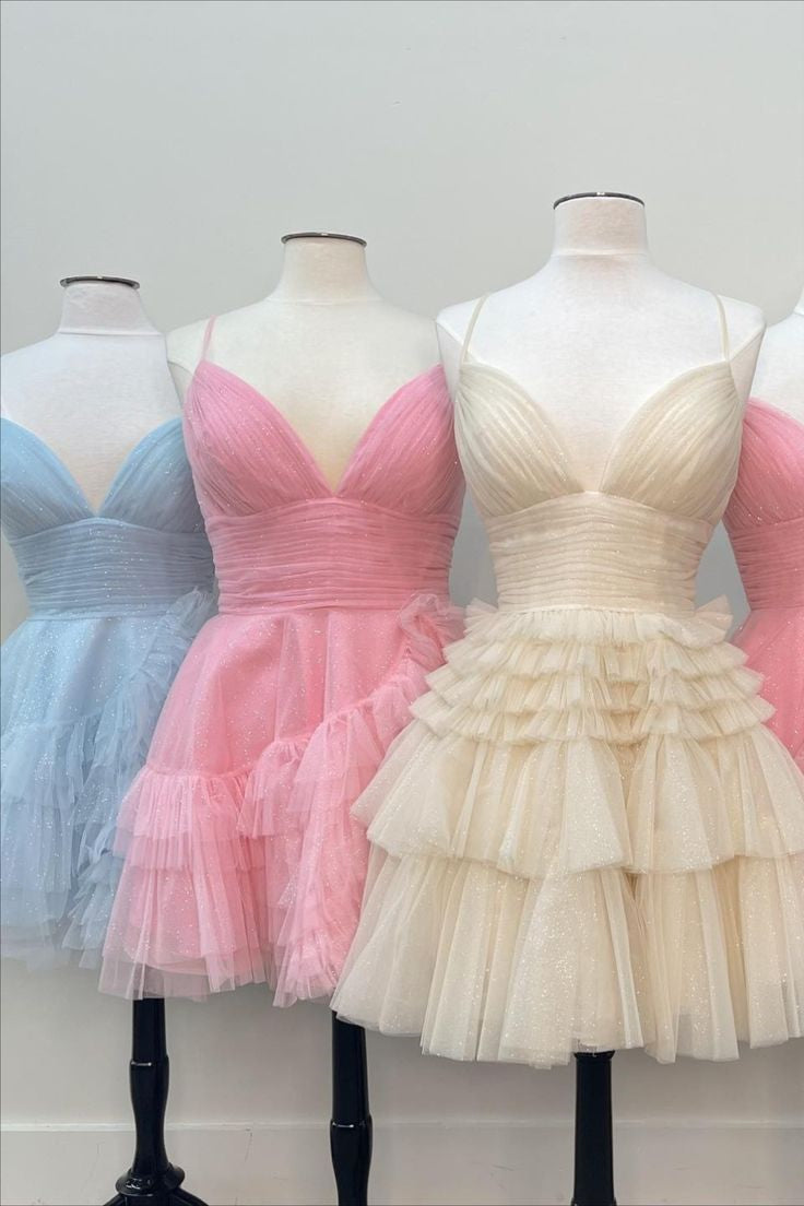 Pink Plunging V Neck Multi-Layers A-line Straps Homecoming Dress
