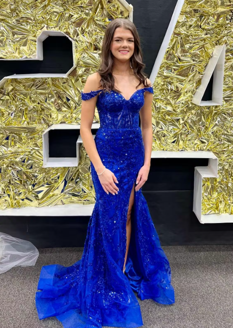 Gold Off-Shoulder Sequined Floral Mermaid Long Prom Dress with Slit | Joyofdress Gold Off-Shoulder Sequined Floral Mermaid Long Prom Dress with Slit | Joyofdress