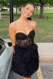 Strapless Black Short Homecoming Dress with Feather