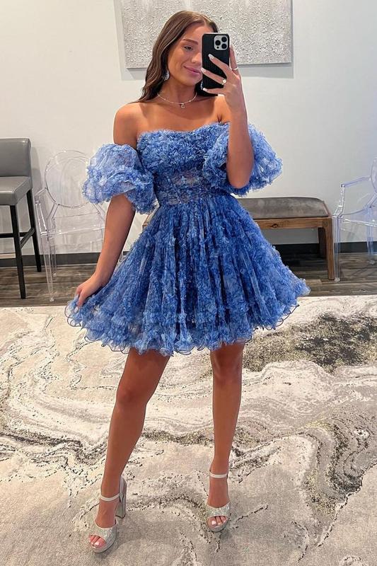 Blue Puff Sleeves Ruffles A-line Prints Homecoming Dress Blue / 4 Blue Puff Sleeves Ruffles A-line Prints Homecoming Dress Blue / 4