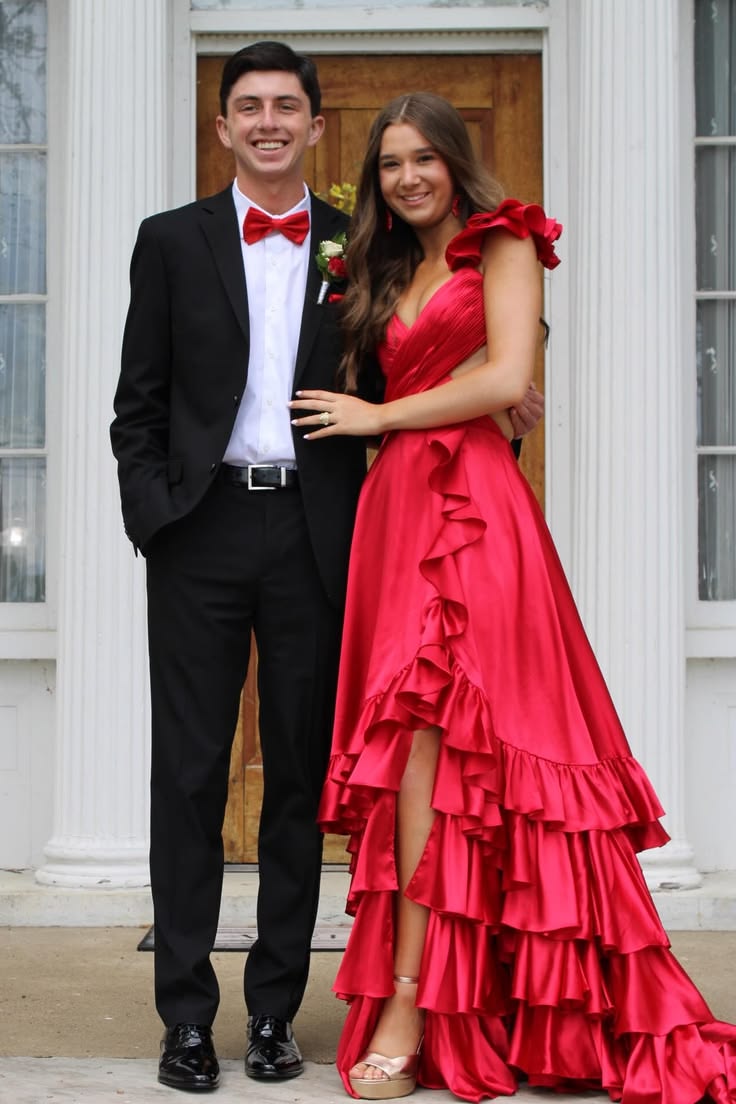 Crossed Top Ruffled Layers Long Prom Dress with Slit