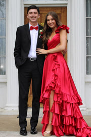 Crossed Top Ruffled Layers Long Prom Dress with Slit
