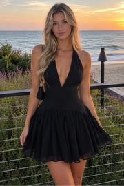 Black Low V-Neck Halter Backless Satin A-Line Homecoming Dress