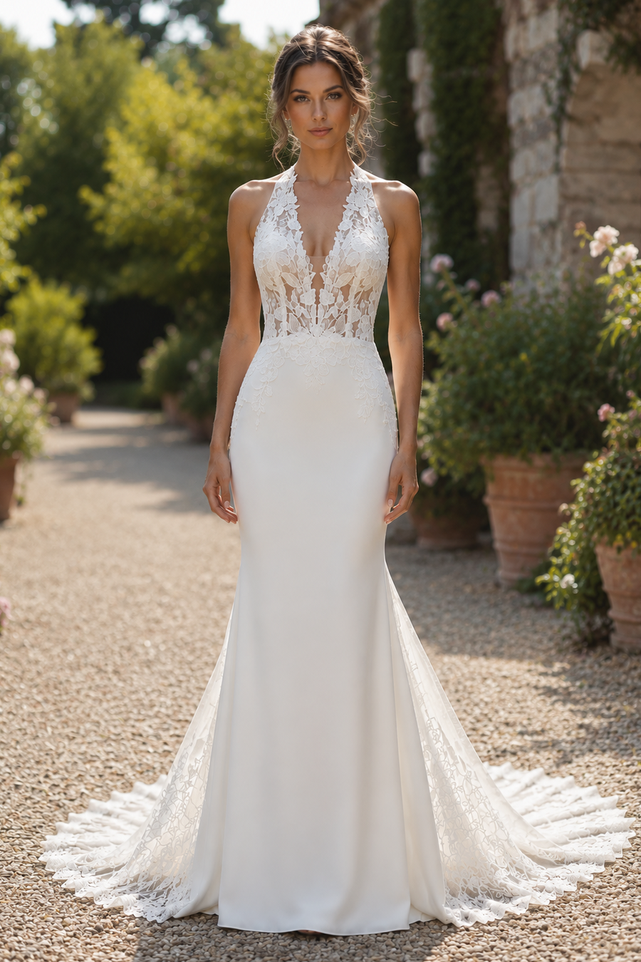 V-Neck Halter Open Back With Lace Train Wedding Dress Ivory / US 16